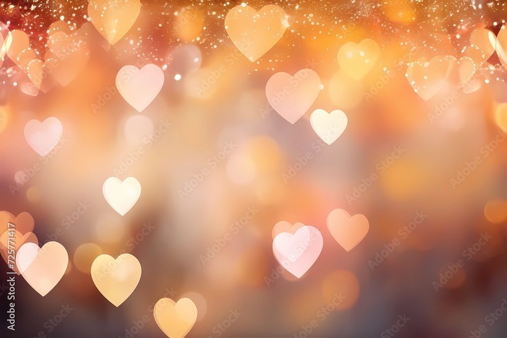 golden pink background with hearts, in the foreground there is a table, copy space for text or product