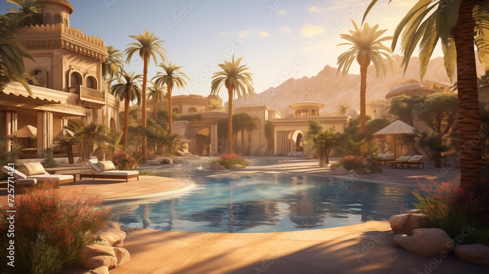 Bright and sunny scenes of a desert oasis surrounded by palm trees, providing a refreshing contrast to the arid desert landscape