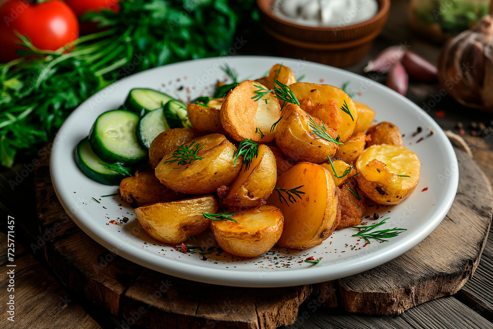 Rustic fried potatoes, on a large plate, wooden table Rustic fried potatoes, on a large plate, wooden table
