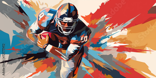 A football player running towards the viewer with the ball as a vibrant illustration photo