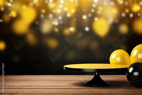 Stylish podium with yellow and black balloons. Mock up for product, cosmetic presentation. Platform for beauty products. Empty scene. Stage, display, showcase. Podium with copy space.