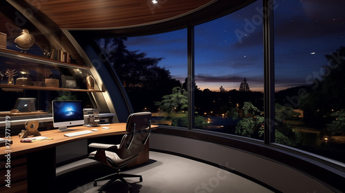 Contemporary office with a corner window offering an inspiring view of the crescent moon