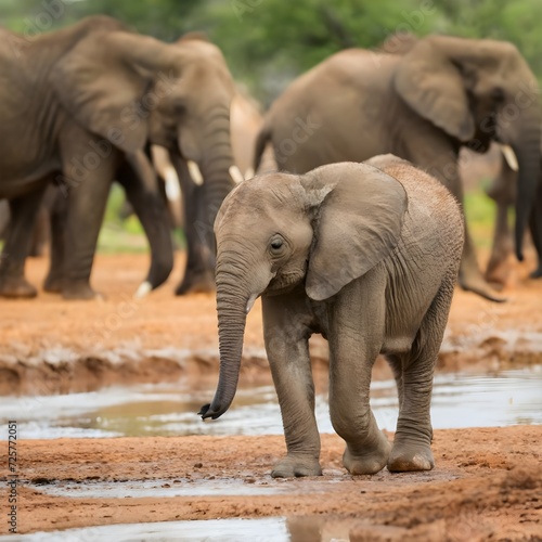 An adorable baby elephant playing in a waterhole, surrounded by a herd..Free ai genareted image..