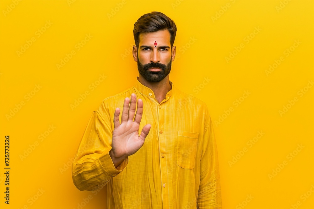 a man with a beard and a beard holding his hand up a man with a beard and a beard holding his hand up