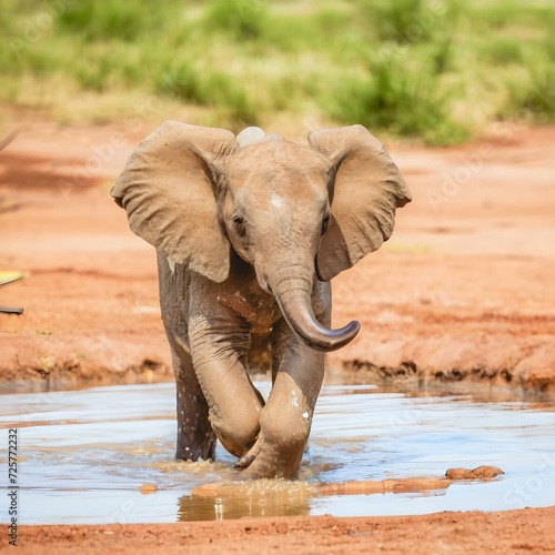 An adorable baby elephant playing in a waterhole  surrounded by a herd..Free ai genareted image..