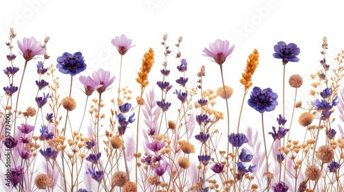 A variety of wildflowers are scattered on a white background. Flower composition. pressed dried flowers of wild plants. photo
