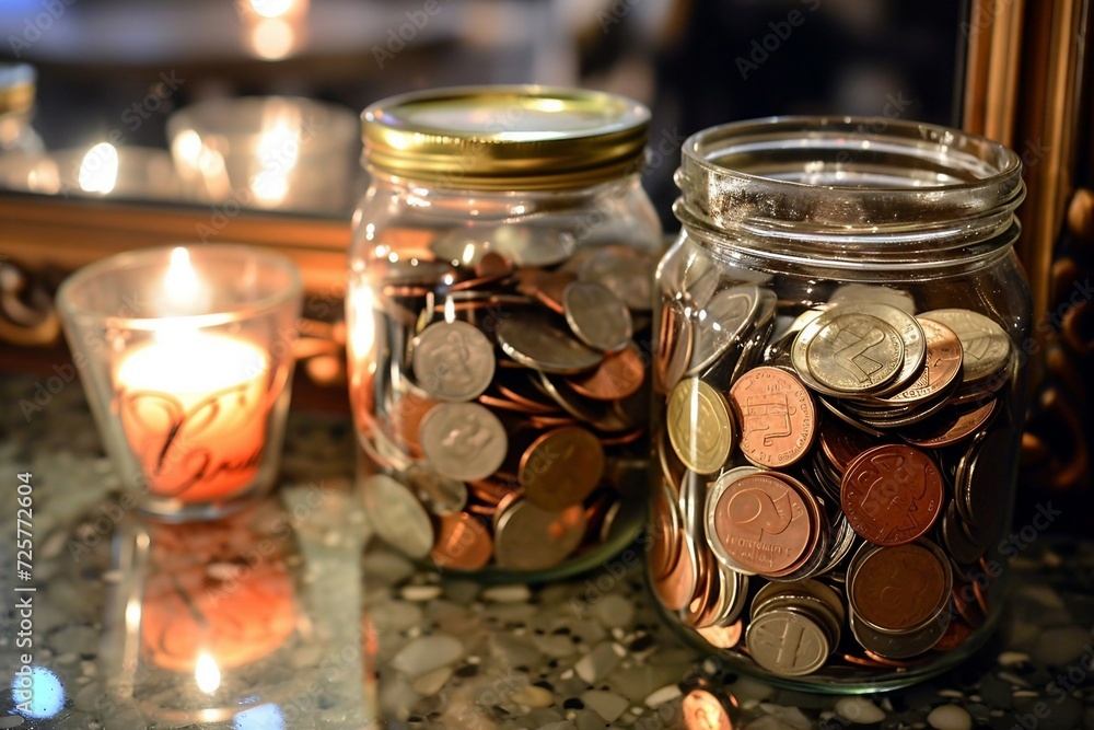 Pots en verre remplis de pièces d'argent avec une petite bougie sur le côté Pots en verre remplis de pièces d'argent avec une petite bougie sur le côté