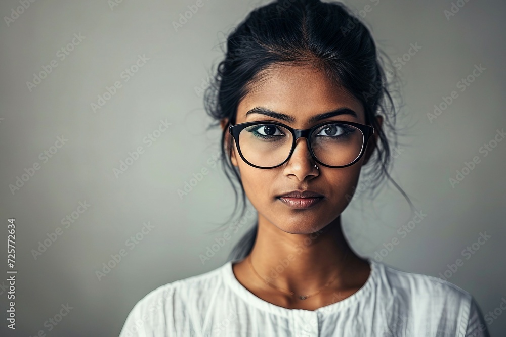 a woman wearing glasses and a white shirt - obrazy, fototapety, plakaty 