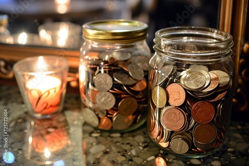 Pots en verre remplis de pièces d'argent avec une petite bougie sur le côté