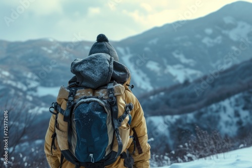 A person standing in the snow with a backpack. This image can be used to depict winter activities or outdoor adventures