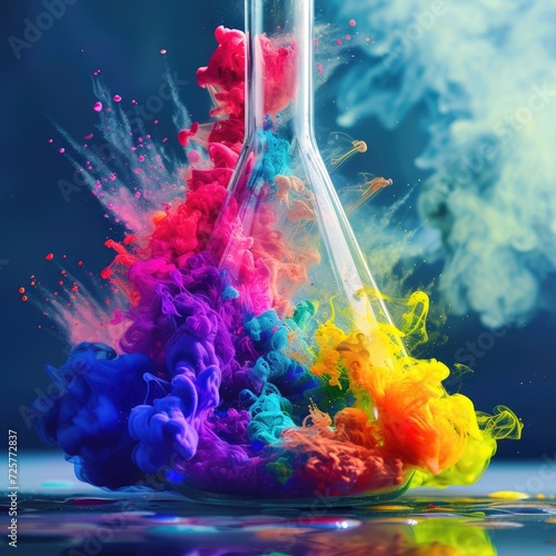 A flask filled with colored liquid sits on top of a table. Versatile image suitable for various applications