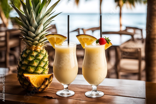 Fresh and cool strained pineapple juice on a wooden table. outdoor coastal hotel background.