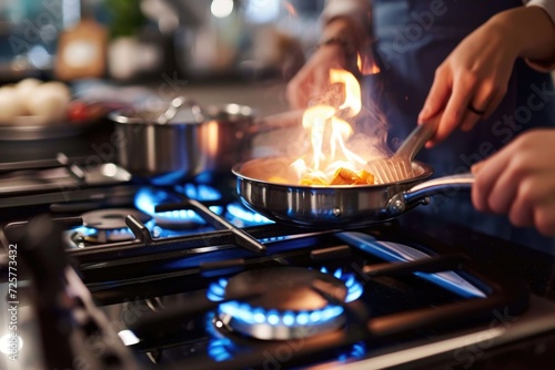 A person is cooking food on a stove. This image can be used to depict cooking, preparing meals, or culinary activities