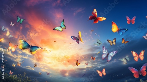 Capture the vibrant colors of a sunlit butterfly migration, transforming the sky into a living kaleidoscope as these delicate creatures journey en masse