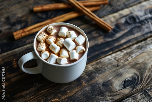 a mug of hot chocolate with marshmallows and cinnamon sticks