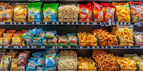 Snack Foods: A Variety of Snack Items like Chips, Pretzels, and Popcorn in a Grocery Aisle, Providing a Range of Snacking Options for Every Taste