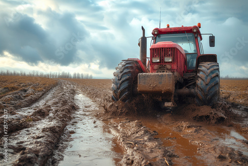 Dirty Workhorse: Tractor Navigating Muddy Landscape photo