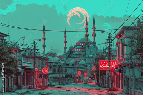 a futuristic cityscape with holographic crescent moons photo