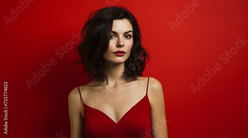 Wallpaper Mural Brunette woman standing over red background Torontodigital.ca