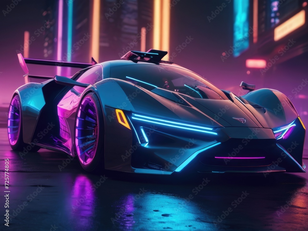 Neon Acceleration: Futuristic Supercar Surging in Cyberpunk Realm