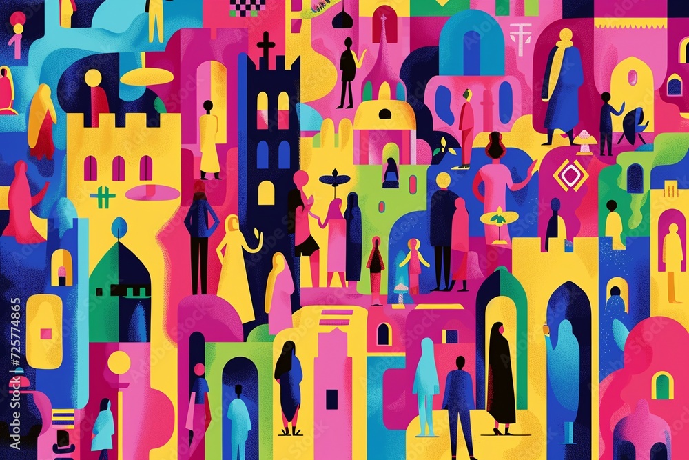 a digital illustration of Ramadan Art portraying a cityscape filled with joyful a digital illustration of Ramadan Art portraying a cityscape filled with joyful