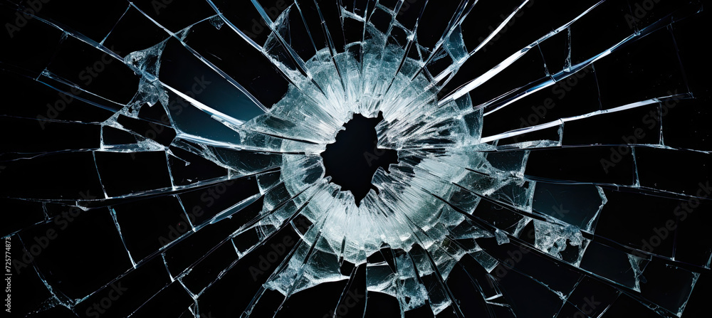 bullet hole in broken glass on black background - obrazy, fototapety, plakaty 