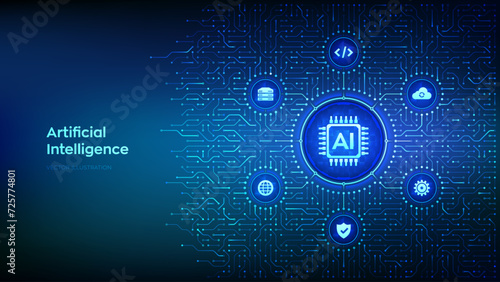 AI. Artificial intelligence. Machine learning technology. Big data analysis. Deep learning. Neural networks. Background with circuit board connections and tech icons. Vector Illustration.