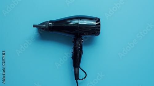 A black hair dryer is placed on a vibrant blue surface. This image can be used for beauty and haircare-related themes