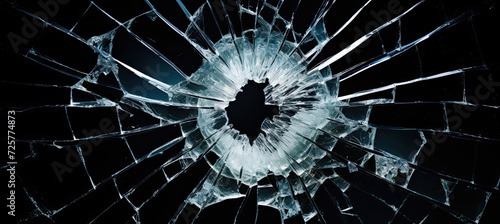 bullet hole in broken glass on black background photo