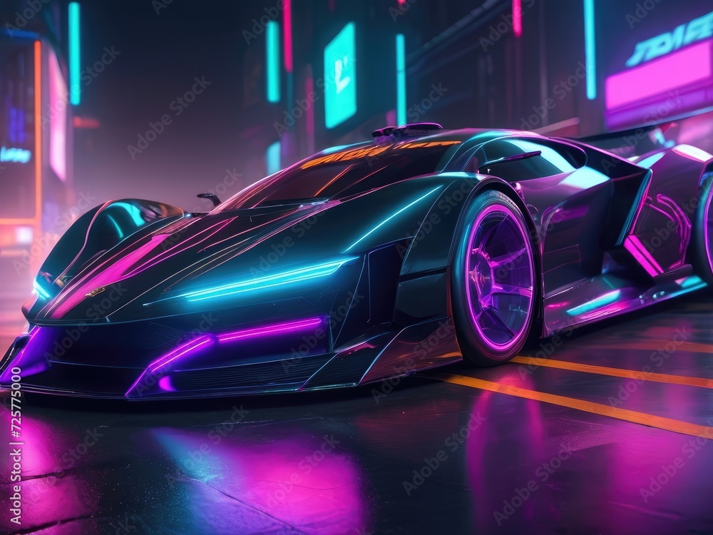 Futuristic Raceway: Supercar Zooming in Cyberpunk Neon Hues