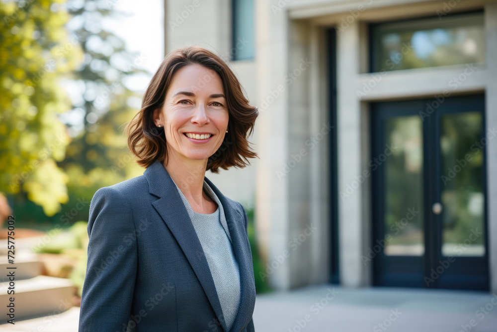 Achievement Unveiled: Woman in Suit Graces Camera with Park Oasis Achievement Unveiled: Woman in Suit Graces Camera with Park Oasis