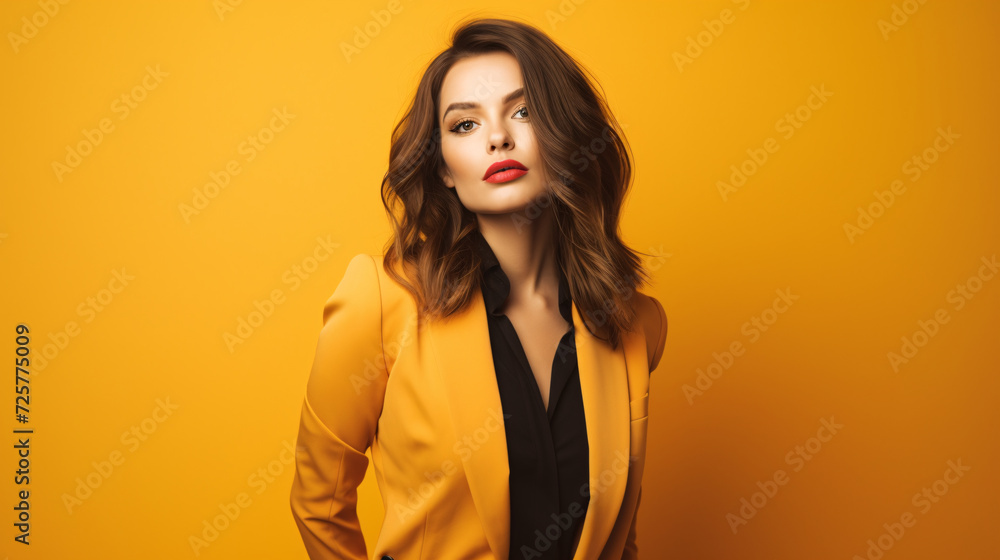 Brunette woman standing over yellow background Brunette woman standing over yellow background