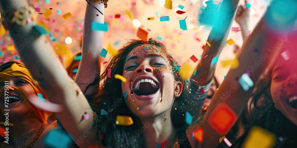 Obraz premium Celebration and Joy: A Group of People Laughing and Smiling, Expressing Happiness and Excitement in a Festive Atmosphere