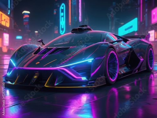 Digital Drive: Fast Futuristic Supercar in Vibrant Cyberpunk Void © bellart
