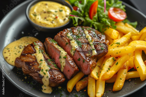 Styled, grilled steak with bearnaise sauce and french fries - Generative AI photo