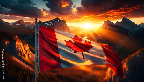 Canadian flag on the mountain at sunset for celebration of canada flag day. photo