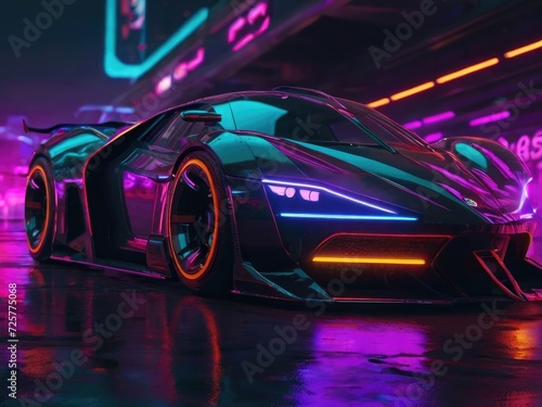 Cybernetic Thrills: Fast Futuristic Supercar with Neon Background