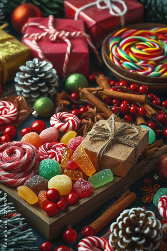 Various types of candies displayed on a table. Perfect for sweet treats and dessert concepts