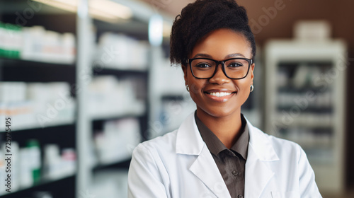 African american woman pharmacist smiling confident standing at pharmacy photo