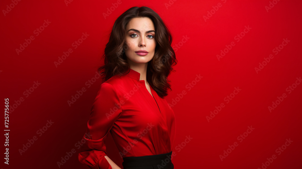 Fototapeta premium Brunette woman standing over red background