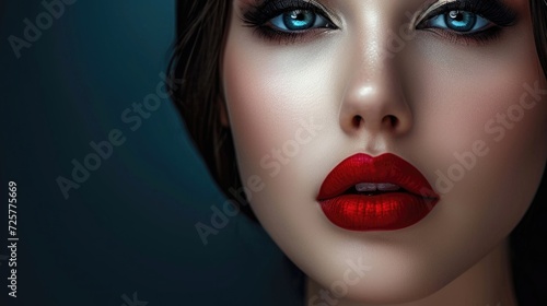 Beautiful brunette woman with red lips and smoky eyes makeup