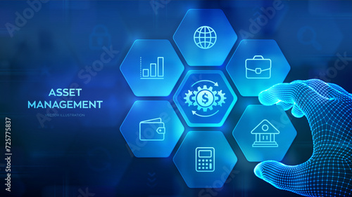 Asset management. Business investment banking payment technology concept on virutal screen. Wireframe hand places an element into a composition visualizing Asset management. Vector illustration.