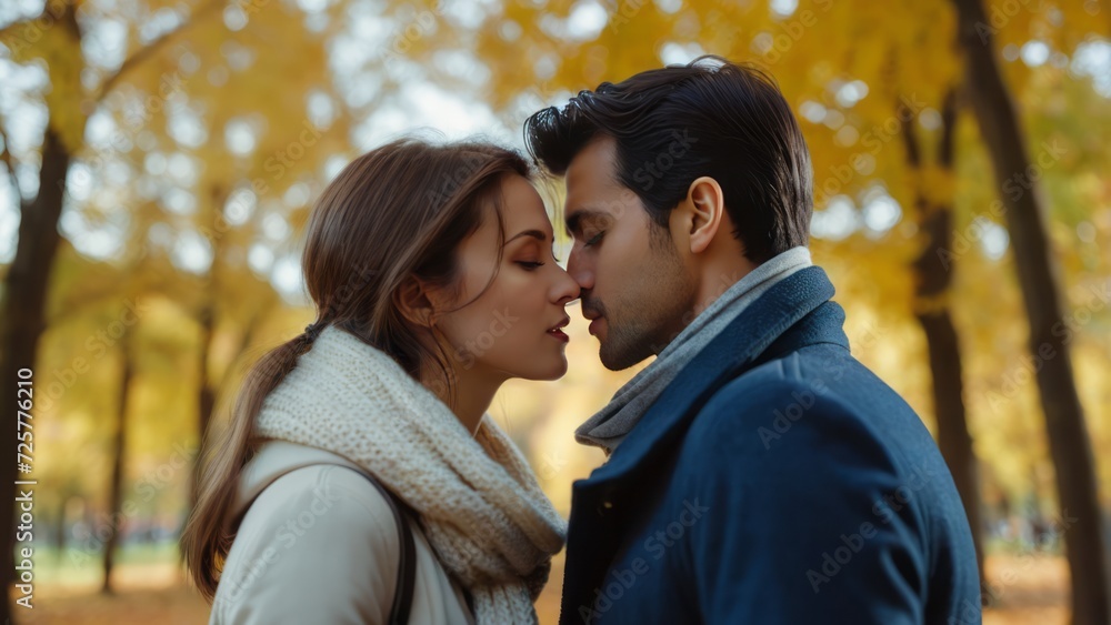Embracing Couple Sharing a Tender Moment in a Sunlit Autumn Park Embracing Couple Sharing a Tender Moment in a Sunlit Autumn Park