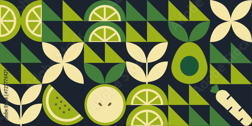 Green geometric mosaic seamless pattern illustration. Organic fruit vegetable geometric pattern. Natural food background creative simple bauhaus style, agriculture vector design. Healthy Food pattern