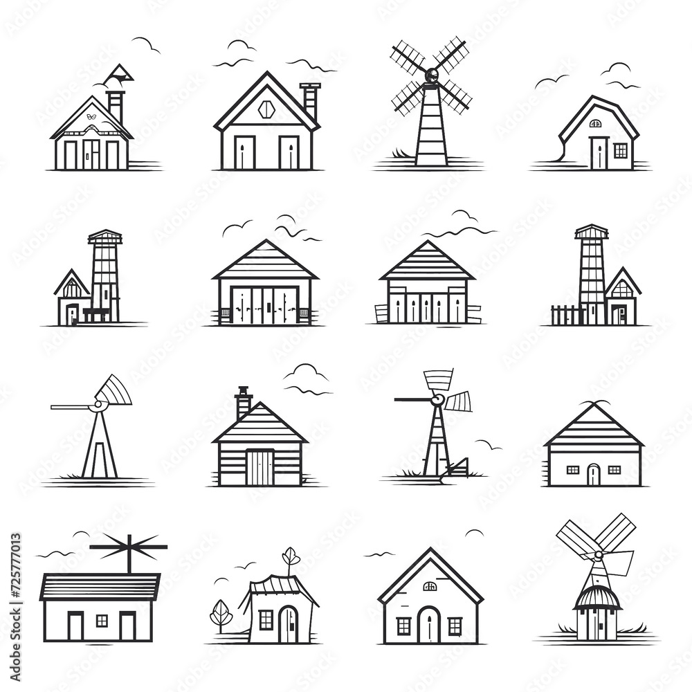 Windmill mill farm simple line icons set on white background Ai generated image