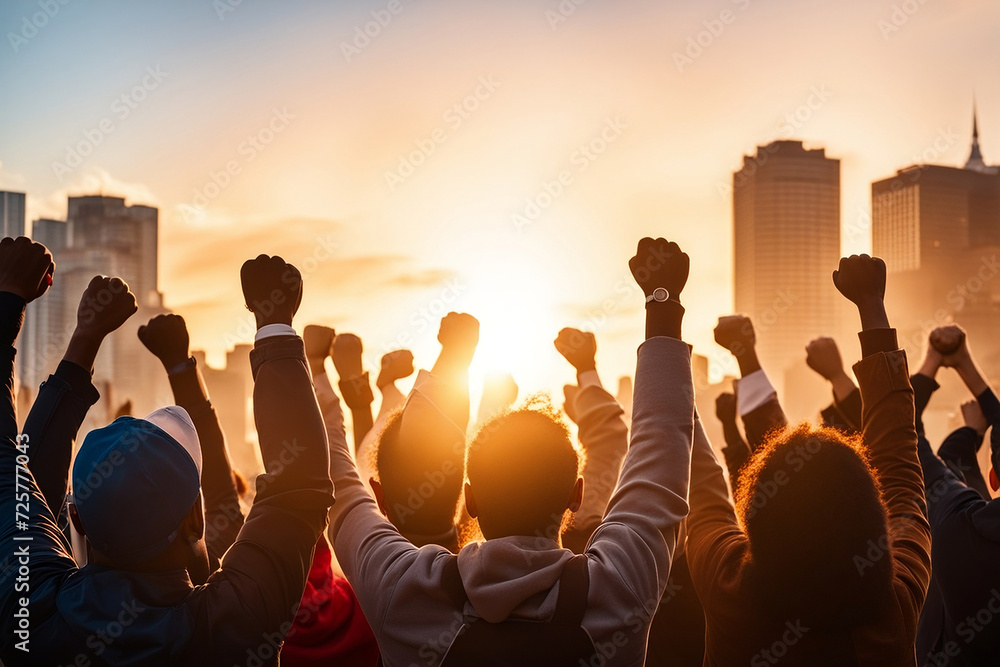 Fototapeta premium Multi-ethnic people silhouettes raise their fists up in the autumn sunset background.