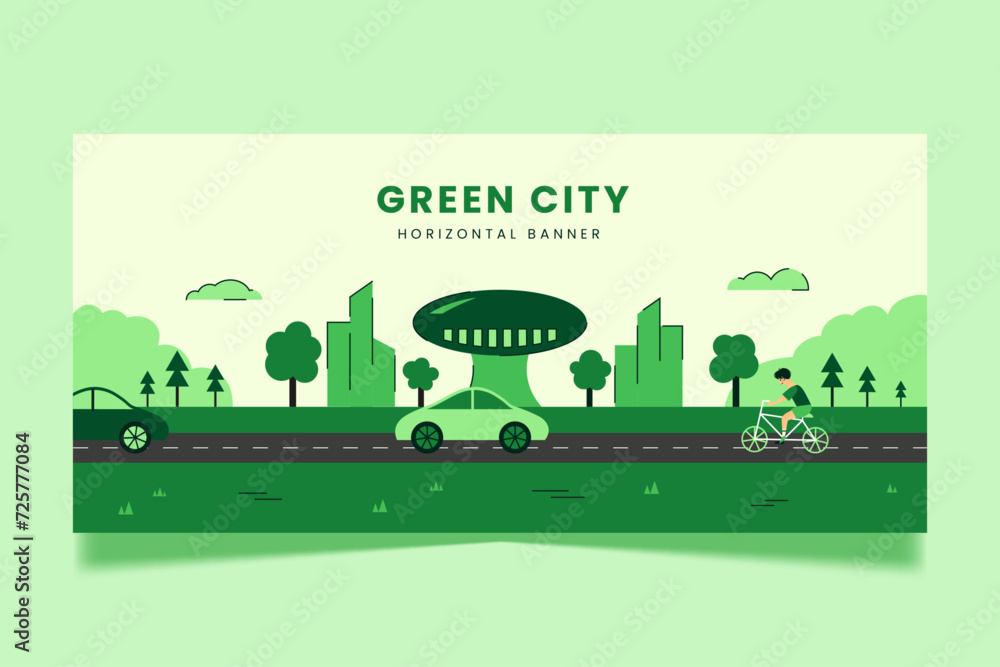 Ecology green city concept background. Environmental sustainability flat illustration for poster, flyer, banner.