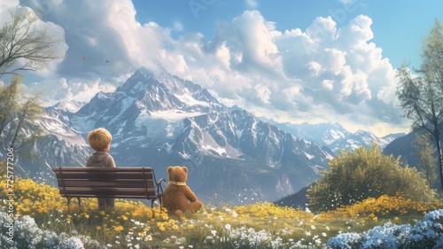 a child sitting on a bench, cuddling a toy bear, while gazing at the majestic spring mountains in the background, encapsulating the essence of summer fun and active outdoor recreation with children.