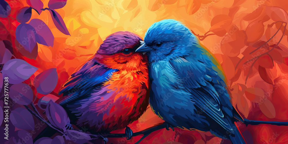 Obraz premium Lovebirds: An Illustration of Two Birds Nestled Together, Depicting the Bond and Devotion of a Romantic Relationship