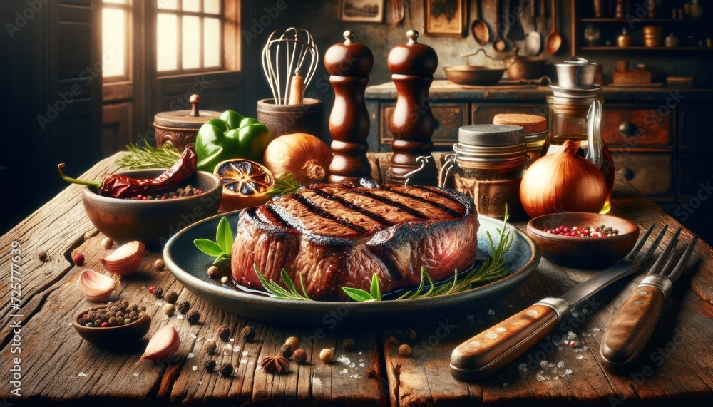 A rustic still life scene featuring a succulent steak on a plate. A rustic still life scene featuring a succulent steak on a plate.